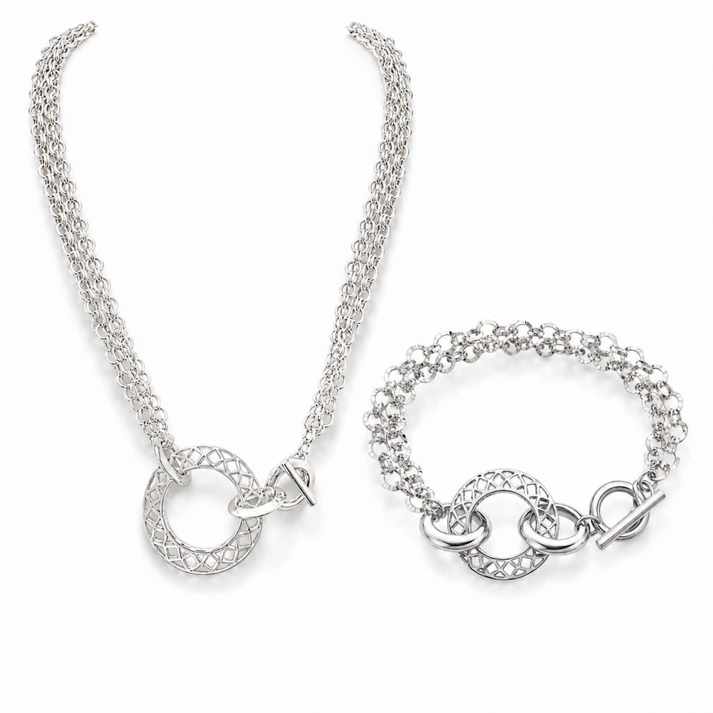 925 Sterling Silver Multi-Strand Chain Necklace  and bracelet set with Lattice Toggle Clasp