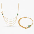 925 Sterling Silver Gold Plated Layered Jade Necklace and Bracelet Set