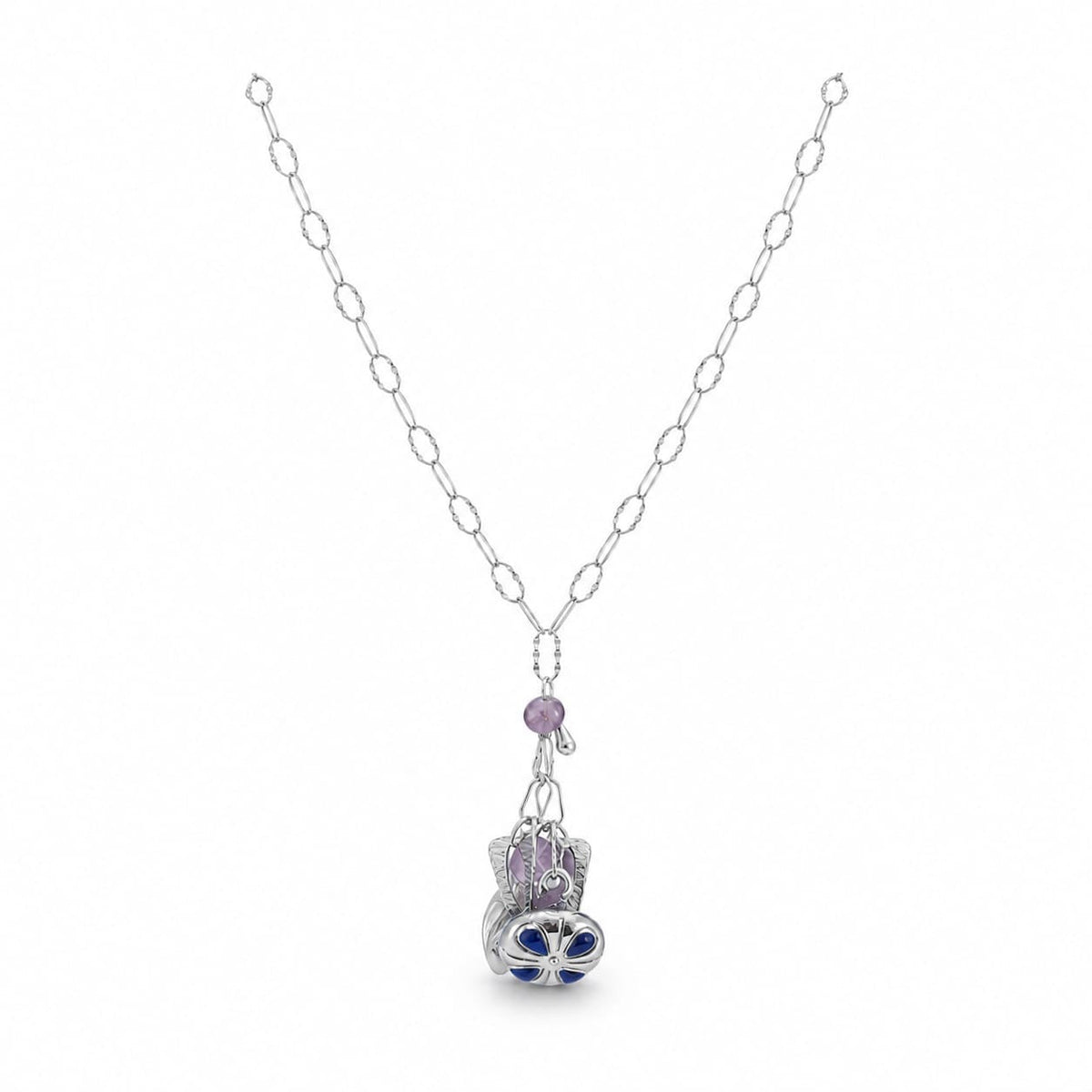 925 Sterling Silver Amethyst Multi-Charm Pendant Necklace