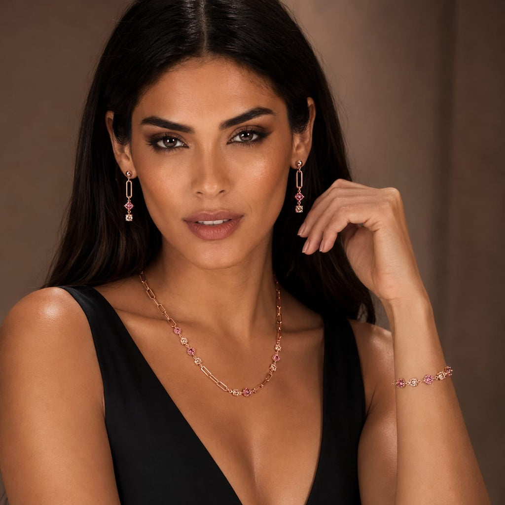 Pink crystal paperclip 925 silver jewelry set alternate view