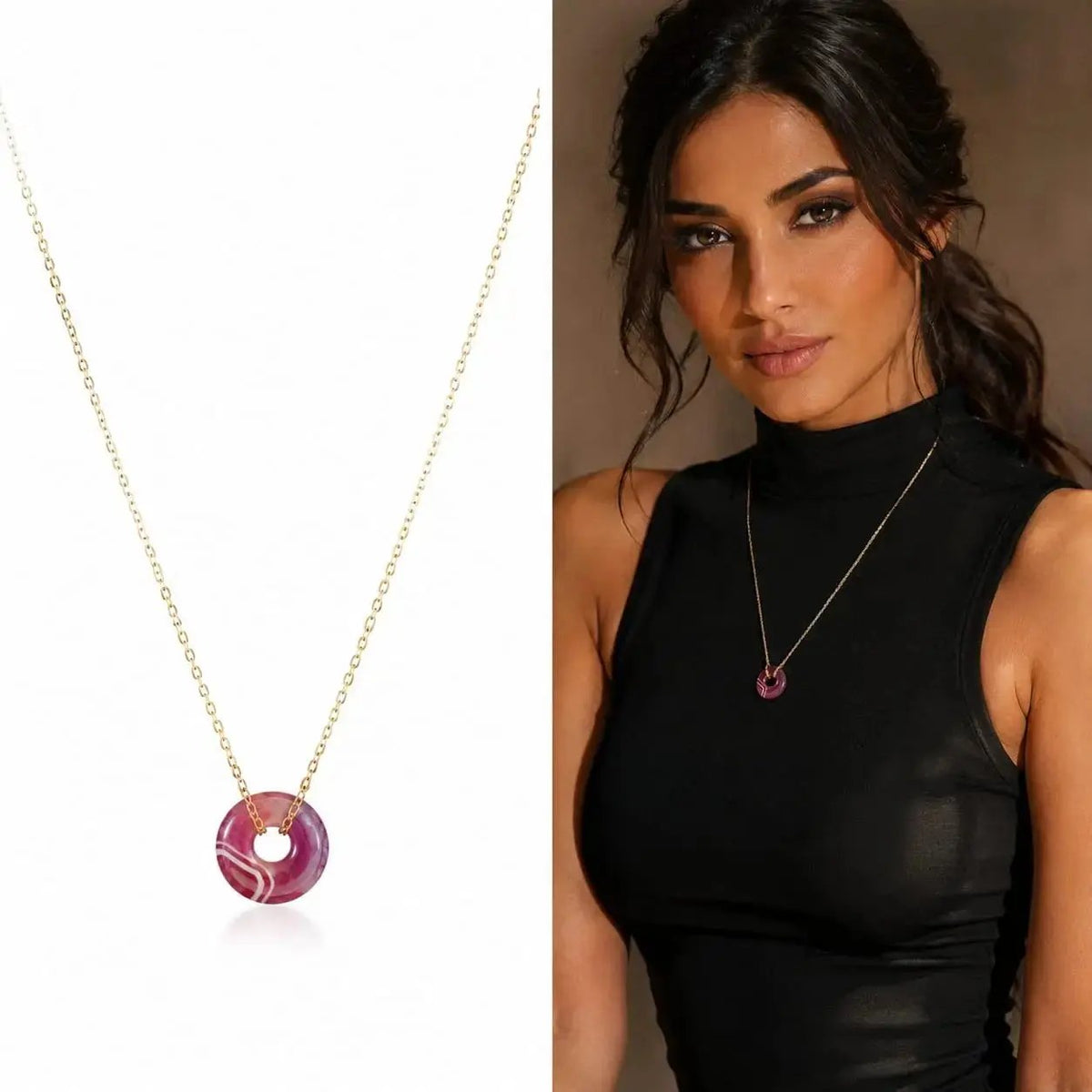 variant-group:SMV-N26301-AGA-PUR | SAMVELLI gold-plated 925 silver Donut Necklace – Agate Purple model view 01