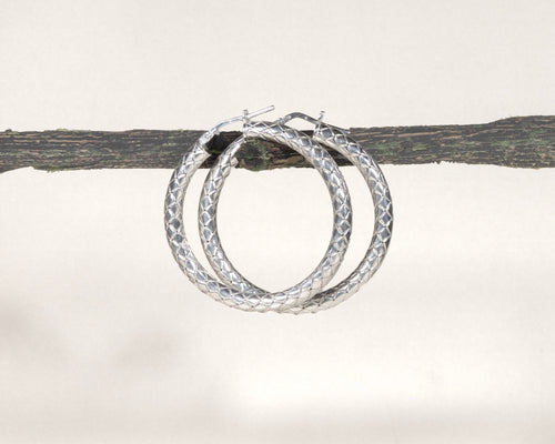 Close-up of sterling silver diamond-cut hoop earrings