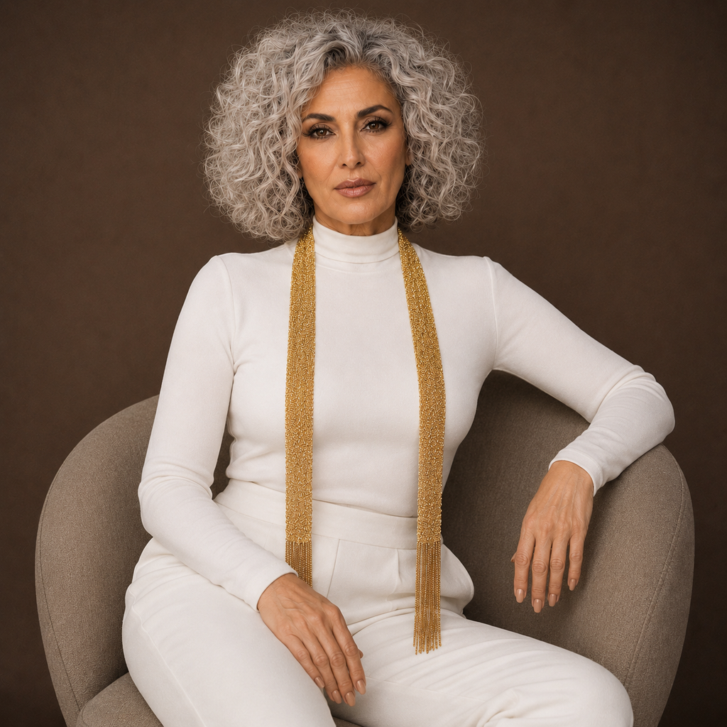 Model seated in white outfit wearing gold tassel necklace