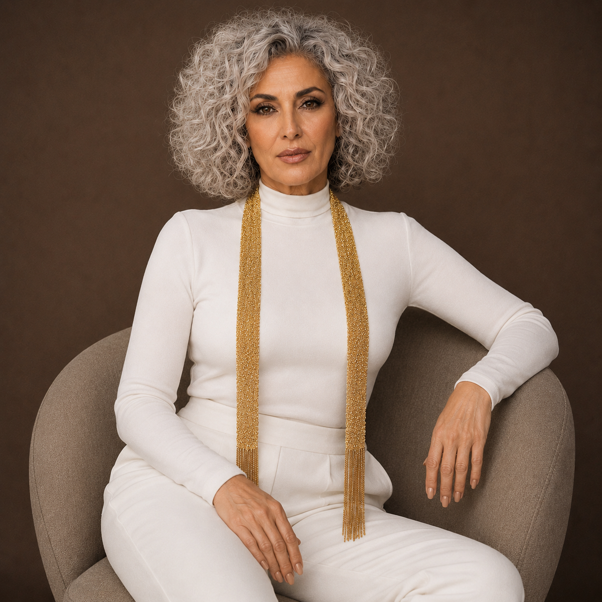 Model seated in white outfit wearing gold tassel necklace