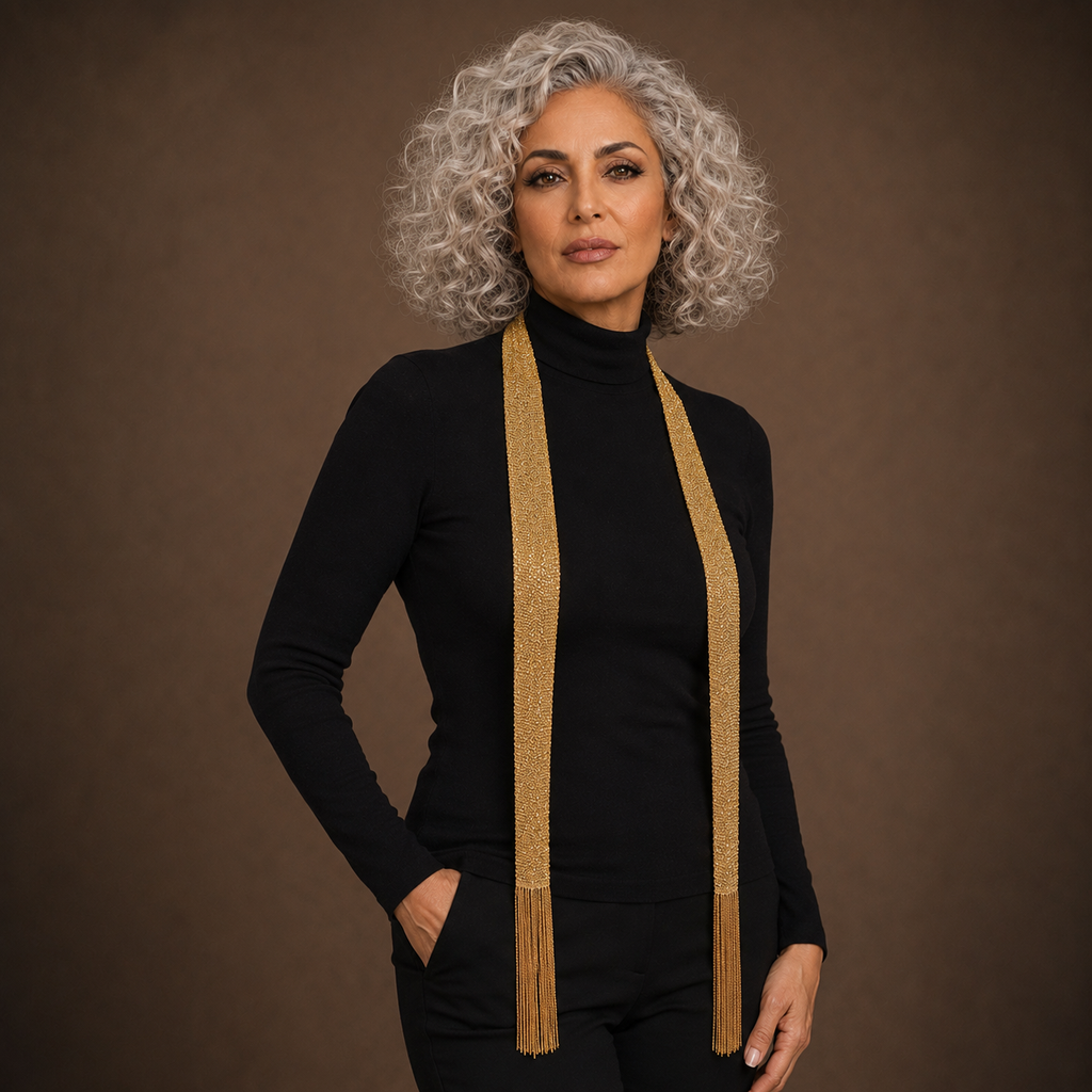 Model wearing gold tassel necklace with black evening outfit