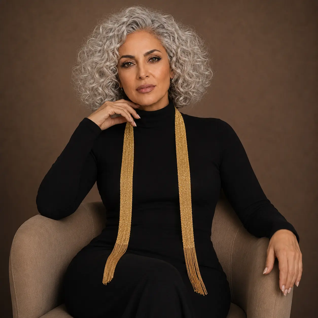 Model seated in black outfit wearing gold fringe necklace