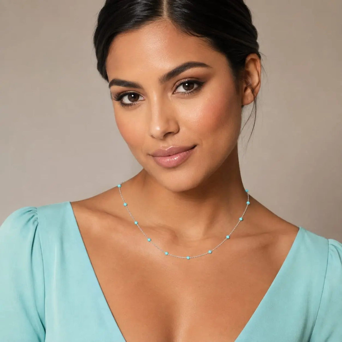 variant-group:SMV-N26303-AQU | SAMVELLI 925 sterling silver enamel beaded station necklace – Aqua Blue detail view